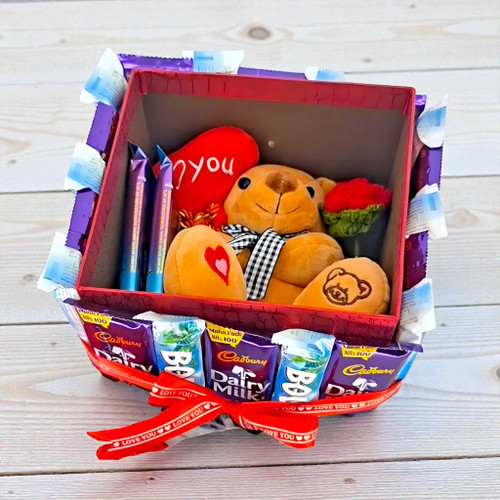 Cuddly Teddy, Crochet Rose, Candle & Chocolate Delight Box Hamper BPL-739