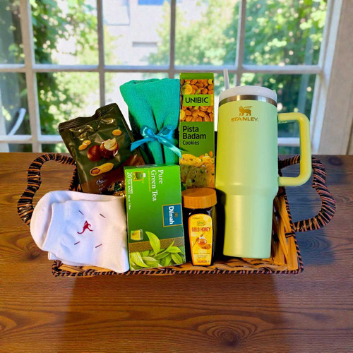 Delightful Basket with Tumbler, Snacks & Essentials for Him JNK-5638