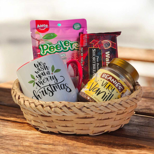 Cozy Christmas Morning Treats Bamboo Hamper with Coffee, Biscuit & Sweets SK-1449