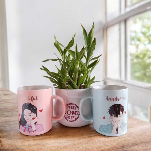 Couple Coffee Mug with 2-Layer Bamboo Plant Vase Gift Set SPM-356