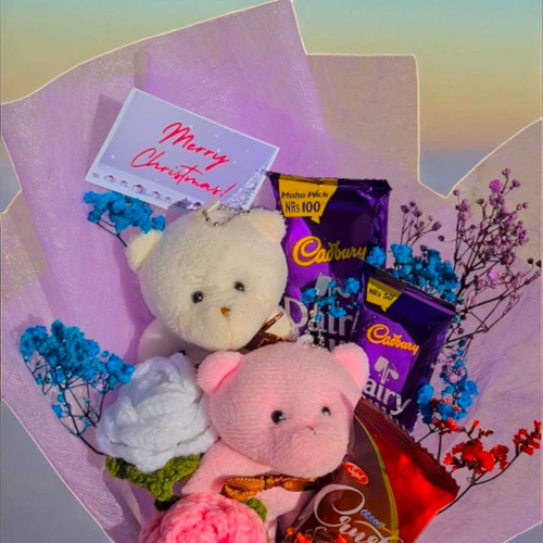 Christmas Surprise Bouquet with Teddy Keyring & Chocolates JNK-5704