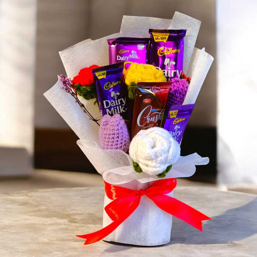 Elegant Crochet Flower with Cadbury Dairy Milk Chocolates Bouquet SK-1486