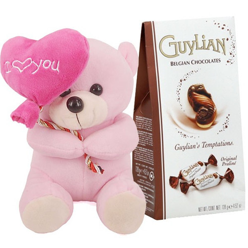 Guylian's Temptations Gift Pack and Pink Teddy with Heart