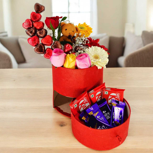Charming Gift Box with Teddy, Chocolates & Floral Decor JNK-5716