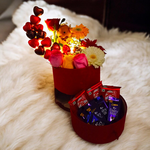 LED Lights Charming Gift Box with Teddy, Chocolates & Floral Decor