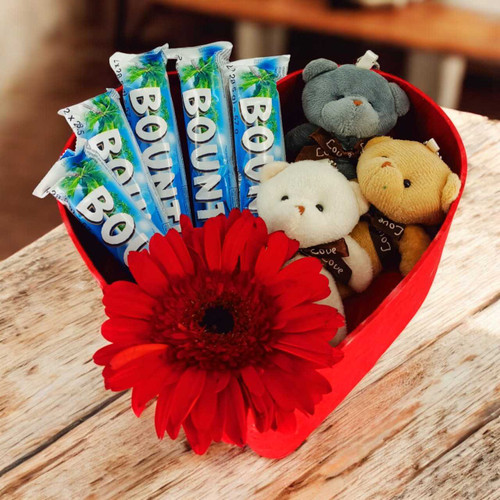 Adorable Gift Box with Teddy Keyrings, Chocolates & Gerbera Flower JNK-5723