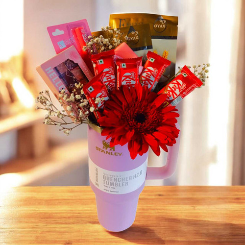 Sweets & Beauty Accessories with Vibrant Red Gerbera Daisy in Premium Tumbler SK-1517
