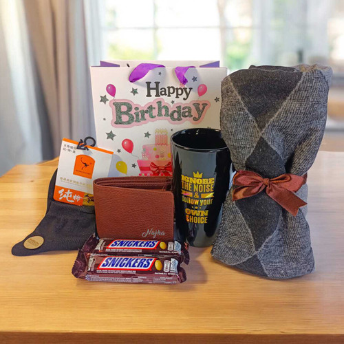Birthday Gift Set: Personalised Wallet with Chocolate, Muffler & Showpieces SK-1518