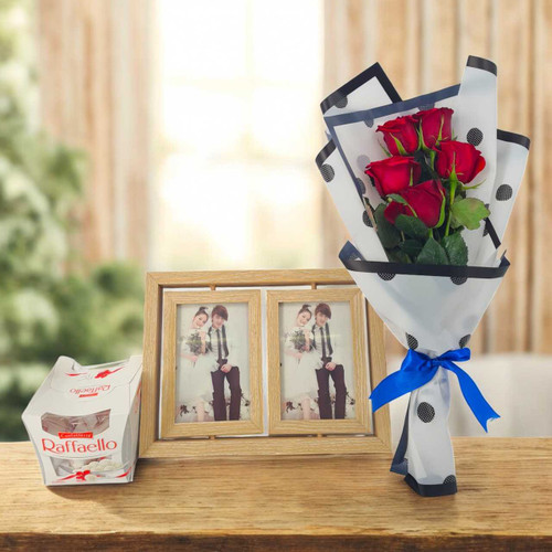 Sweet & Romantic Gift: Chocolates, Roses & Wooden Frame HS-206
