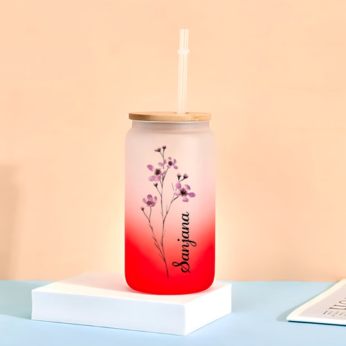 Name Printed Frosted Red Can Bottle – Floral Style