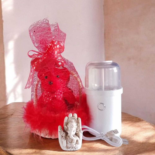 Red Teddy Decor Basket, Mini Ganesha & Aroma Diffuser Gift Set SPM-376