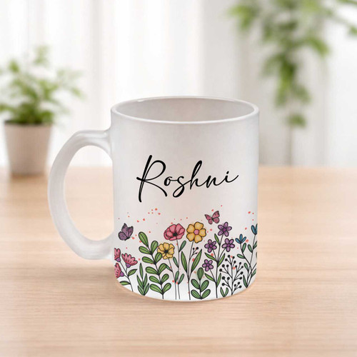 Elegant Floral & Leaves Design Name Printed Ceramic Mug