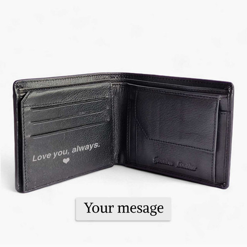 Wenz Black Bi-Fold Wallet – Name Printed Front & Personalized Message Inside SPM-390