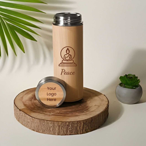 Bamboo Bottle 500ml with Buddha Figure – Peace & Custom Logo on Lid SPM-413