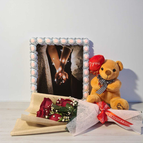 Elegant 5 Red Roses with Teddy & Personalized Photo Frame SPM-447