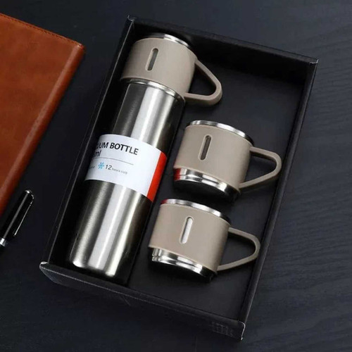 Personalised Stainless Steel Vacuum Flask 500ml & 3 Steel Cups Set With Name - Gray VM-18