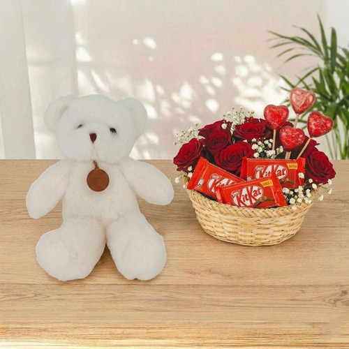Teddy with Chocolates & Roses in a Basket