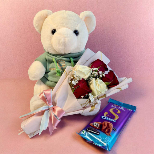 Teddy with Chocolate & Rose Bouquet JNK-5964