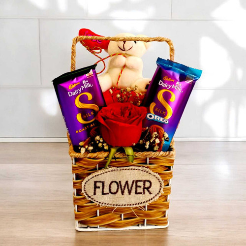 Red Rose, Chocolates & Teddy Gift Basket SPM-484