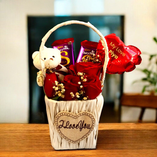 Teddy Keyring, Chocolates & Roses Gift Basket