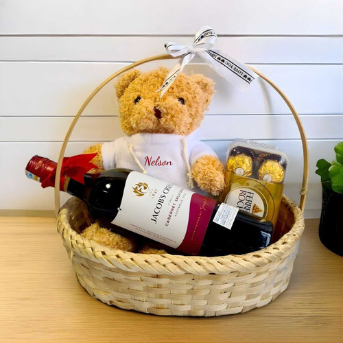 Classic Wine, Personalized Teddy & Chocolate Delight Basket BPL-813