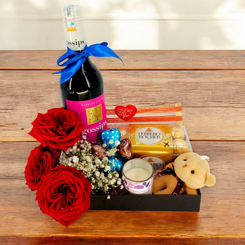 Red Wine 750ml Gift Combo with Roses & Chocolates JNK-6076