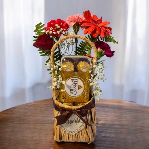 Premium Chocolates & Flowers in a Basket JNK-6083