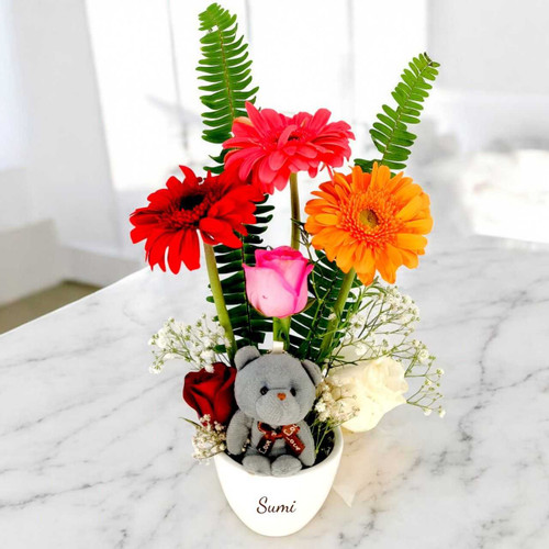 Personalized Pot with Flowers & Teddy Keyring JNK-6126