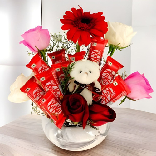 Ceramic Pot with Chocolates, Flowers & Teddy Keyring