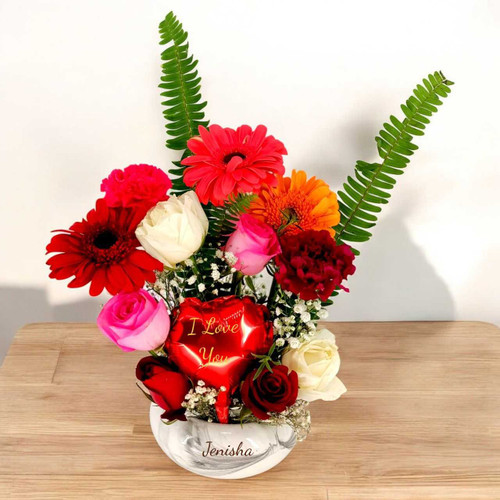 Personalized Pot with Multicolor Flowers & Balloon JNK-6230