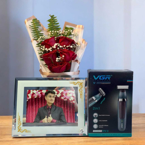 Personalised Gift Hamper for Him with Roses Bouquet, Glass Frame & Shaver Kit SK-1535