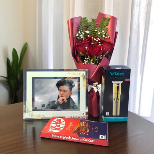 Surprise Gift Hamper for Him with Personalized Frame, Roses Bouquet, Sweets & Trimmer SK-1536