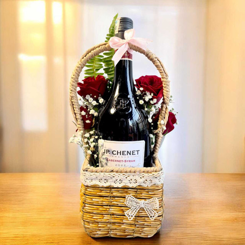 Classic Red Wine & Red Roses Basket BPL-824