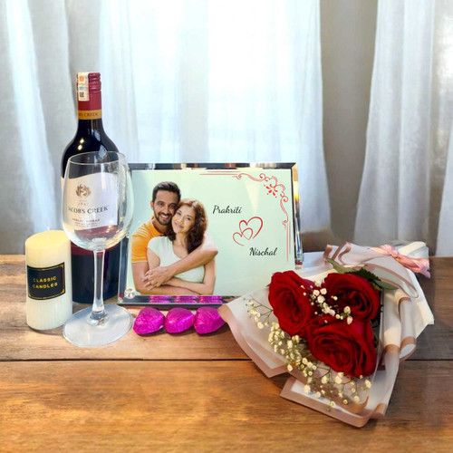 Romantic Gift Set for Couples with Personalized Frame, Roses Bouquet, Wine & Candle SK-1537