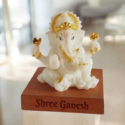 White Marble Lord Ganesh Statue (3') with "Shree Ganesh" Engraved on Wooden Stand SK-1546