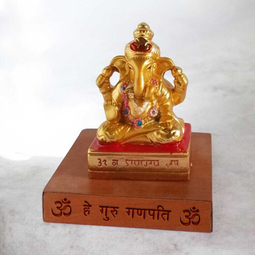 Mini 3" Golden Ganesh Ji Statue on Wooden Base with “ॐ हे गुरु गणपति ॐ” Engraving SK-1548