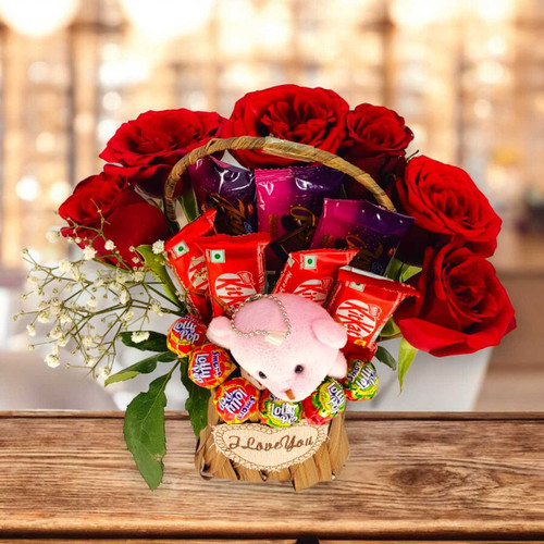 Chocolates, Roses & Teddy Keyring Basket JNK-6278