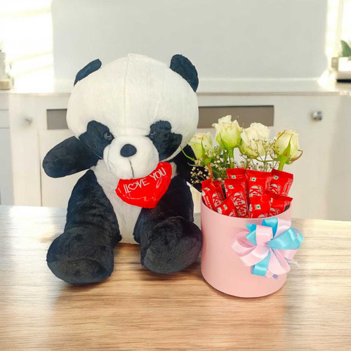 Cute Baby Panda Gift Set with Fresh Roses & Chocolates Hamper SK-1556