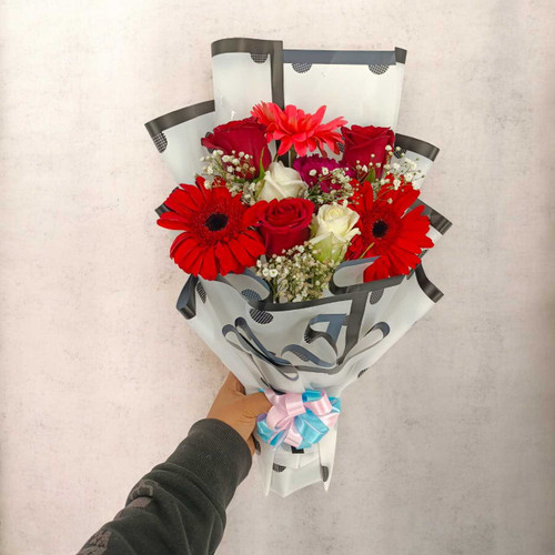 Vibrant Flower Bouquet with Red & White Roses and Gerbera Daisies SK-1559