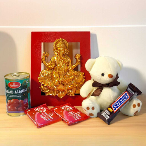 Lord Ganesh Statue, Cute Teddy & Snacks Gift Combo BPL-836