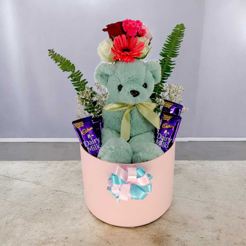 Light Green Teddy with Flowers & Chocolate Gift Box SK-1561