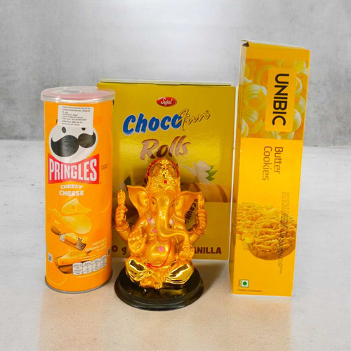 Premium Yellow Gift Hamper with Snacks and Golden Ganesha SK-1566