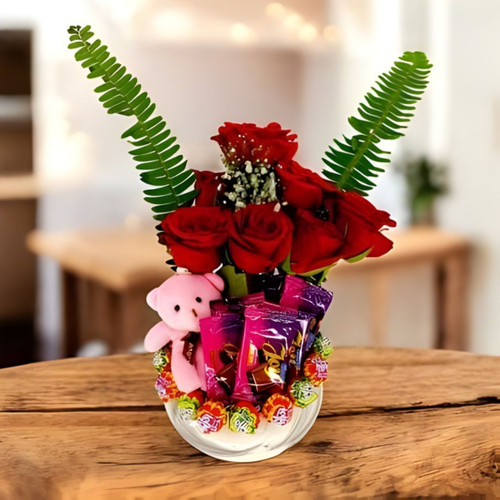 Ceramic Pot with Teddy Keyring, Roses & Chocolates