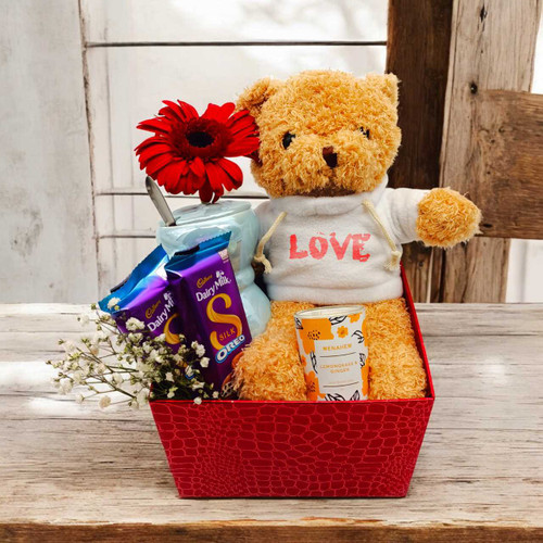 Romantic Love Hamper with Teddy, Candle, Sweet Treats & Red Gerbera SK-1571