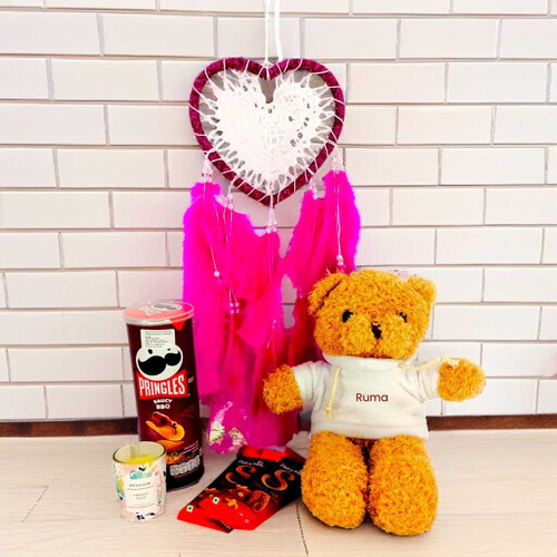 Romantic Gift Hamper with Personalized Teddy and Heart-Shaped Dreamcatcher SK-1575