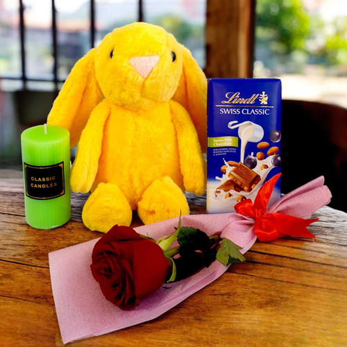 Romantic & Cute Plush, Chocolate with Single Rose Bouquet SK-1580