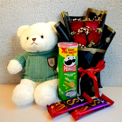 Teddy Delights Gift with Roses and Chocolates