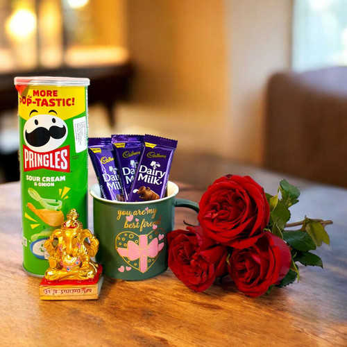 Blessings & Friendship Gift with Roses, Golden Ganesh and Chocolates SK-1585
