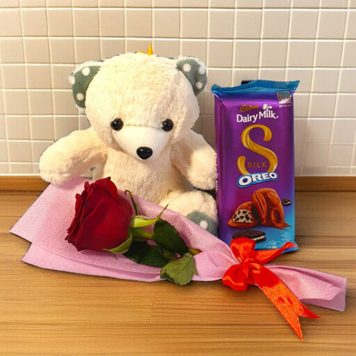 Charming Teddy, Chocolate & Rose Bouquet Gift Set BPL-865