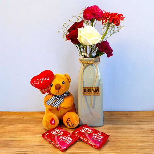 Adorable Teddy with Chocolates & Floral Vase JNK-6162